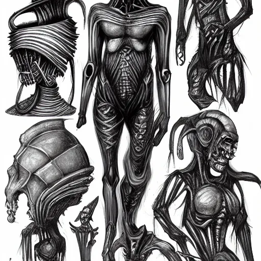 Image similar to human inspired by HR Giger, Character Sheet