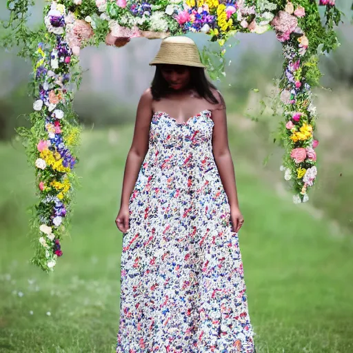 Prompt: a long dress made out of flowers