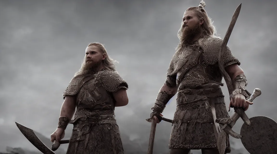 Image similar to Viking warrior background Canon, 100mm, octane render, photorealistic, sword and axe, detailed, cinematic, 8k no blur, volumetric lightning