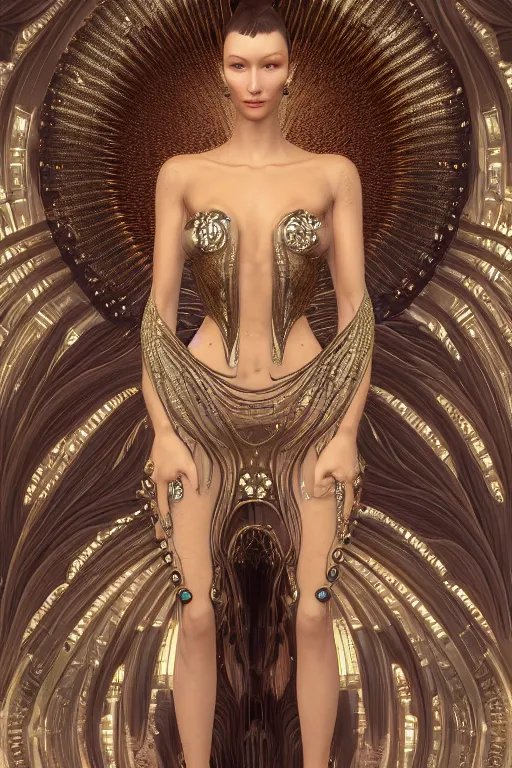 Prompt: a portrait of a beautiful ancient alien woman goddess bella hadid standing in iris van herpen dress in diamonds and fractals in style of alphonse mucha art nuvo dmt trending on artstation made in unreal engine 4