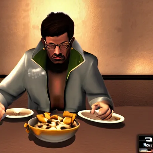 Image similar to jc denton from deus ex videogame eats cereal at a table near liberty island