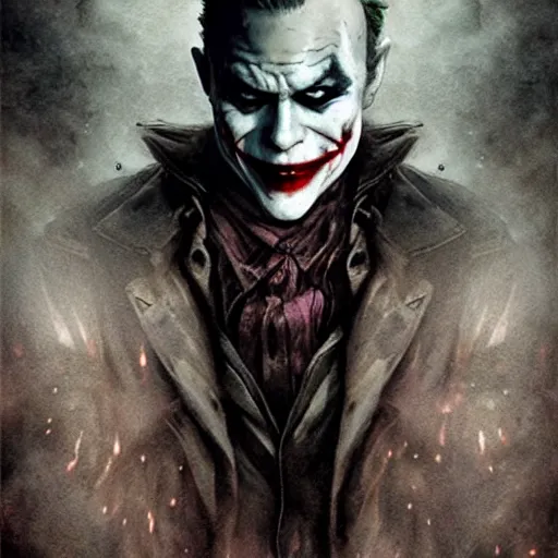 Image similar to heath ledger joker, darkwave, darksynth, character portrait, sharp, digital matte painting, art by luis royo, greg rutkowski, wlop, dramatic lighting, trending on artstation