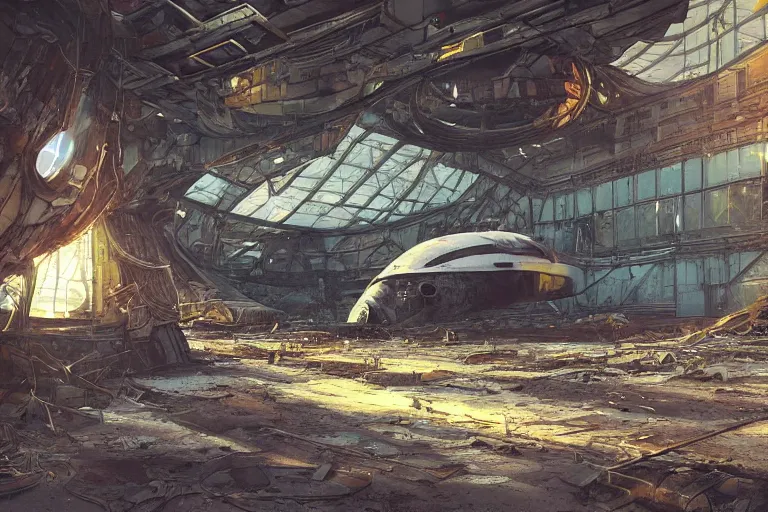 Image similar to abandoned wrecked space shuttle in the interior of an ancient abandoned sci - fi factory an old oak tree grows from the floor golden rays of sunlight enter through the window gold neon lights digital art trending artstation