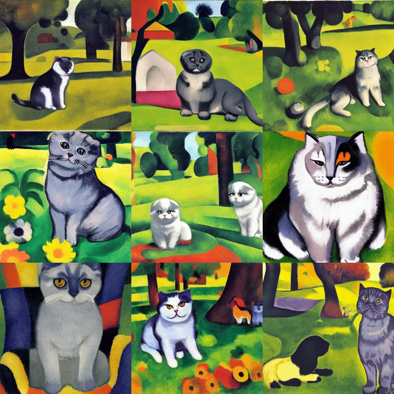 Prompt: a gray scottish fold sitting in the middle of sunny meadow, by august macke