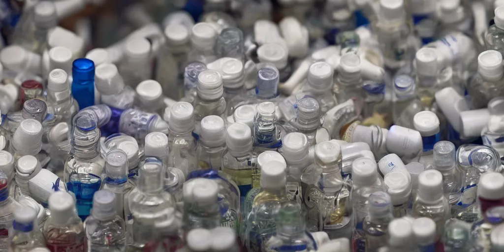 Prompt: a film still of prescription medicine bottles piling up in a vault, shallow depth of field, cinematic, award winning cgi, vfx, film still cfg _ scale : 1 8. 0