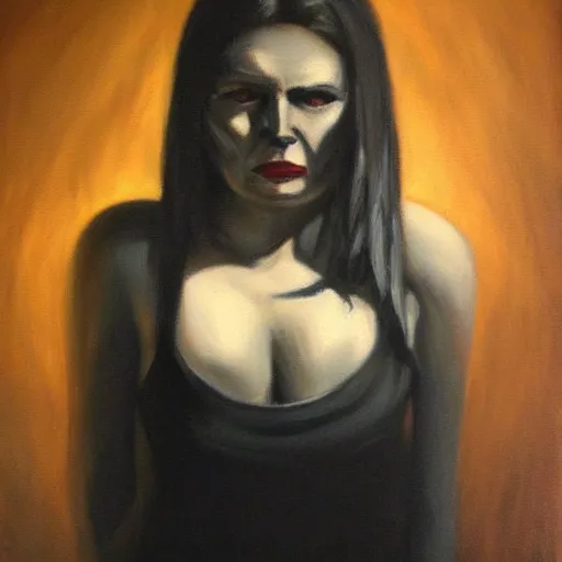 Prompt: macabre, female, noir oil painting, dark, dramatic lighting, shadow,