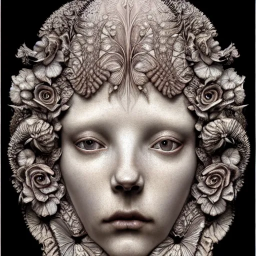 Prompt: detailed realistic porcelain beautiful calaveras goddess face portrait by jean delville, gustave dore, iris van herpen and marco mazzoni, art forms of nature by ernst haeckel, art nouveau, symbolist, visionary, gothic, neo - gothic, pre - raphaelite, fractal lace, intricate alien botanical biodiversity, surreality, hyperdetailed ultrasharp octane render