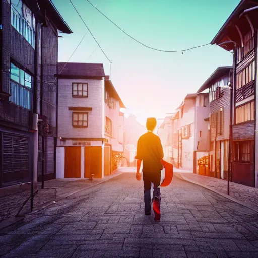 Prompt: man walking through street during a sunset, studio ghibli art style, 8 k