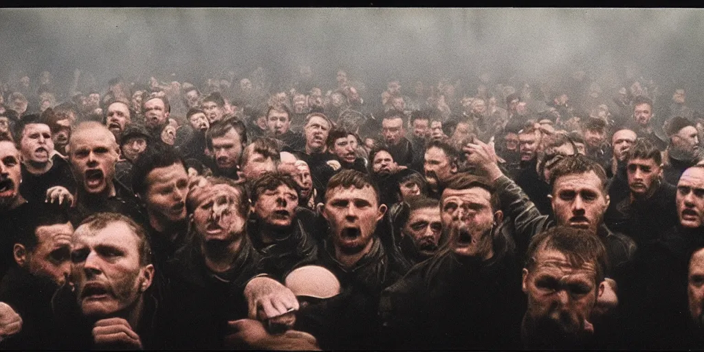 Image similar to detailed medium format photo, polaroid still from tarkovsky movie, group of english football hooligans, haze, high production value, intricate details, 8 k resolution, hyperrealistic, hdr, photorealistic, high definition, tehnicolor, award - winning photography, masterpiece, amazing colors