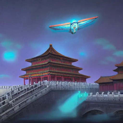 Image similar to Greg Rutkowski in the distant Futurist Forbidden City, Chinook flying over the sky, neon and blue moments, Futurist architectural concepts, inspired by Stephen Martinier, fantasy, digital art, professional illustration, realism, hyper-detail, atmospheric, cinematic lighting, cinematic concept art, hyper-detail, crazy detail, corona rendering, octane rendering, color redshift rendering, 8k