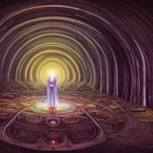 Image similar to a quantum computer surrounded by a dark cabal of hooded elven mystics gathered in a circular formation, michael whelan art