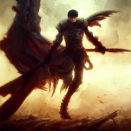 Image similar to full body shot Guts Berserk fan art, digital 2d, extremely detailed, made by wlop, maxwell boas, Naranbaatar Ganbold, Raymond Swanland and Ruan Jia. Masterpiece. Repin. Greg Rutkowski