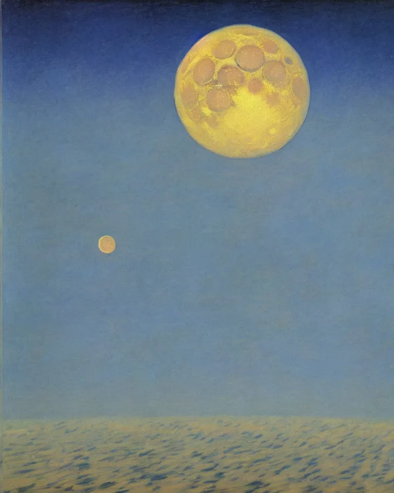 Prompt: achingly beautiful painting of the moon rising over earth from outer space by rene magritte, monet, and turner.