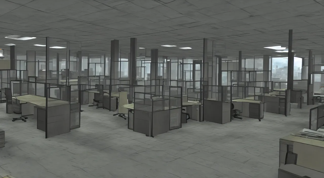 Image similar to An office at 3AM with multiple cubicles and a window that provides a view of the city, Source Engine, Gmod, Half Life 2