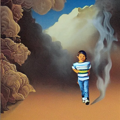 Image similar to a disappearing running child disappearing into vapor, mist, smoke, scissors in hand, sharp scissor blades, a detailed matte painting by John Philip Falter