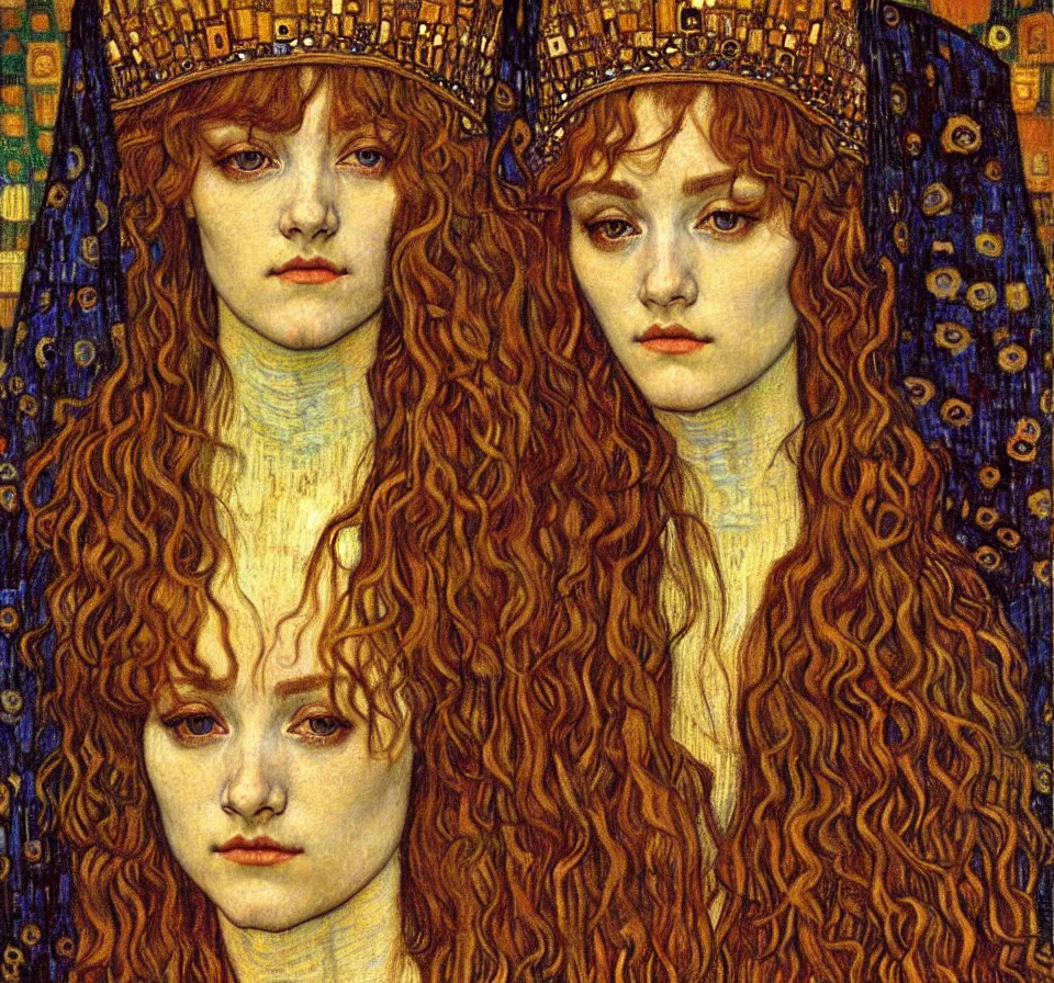 Image similar to detailed realistic beautiful young medieval queen face portrait by jean delville, gustav klimt and vincent van gogh, art nouveau, symbolist, visionary, gothic, pre - raphaelite, muted earthy colors, desaturated