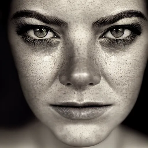 Prompt: headshot portrait photo of a beautiful emma stone, smooth skin, by lee jeffries