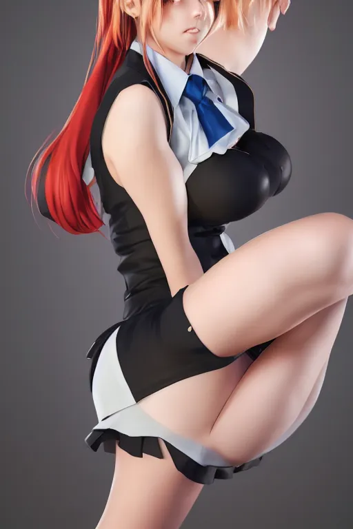 Prompt: photorealistic 3 d render of of an impossibly curvy anime girl wearing a schoolgirl outfit, by artgerm and earl norem, featured on pixiv, booru, exaggerated proportions, high resolution digital art, 4 k, beautiful symmetric face, subsurface scattering, volumetric lighting, realistic skin texture