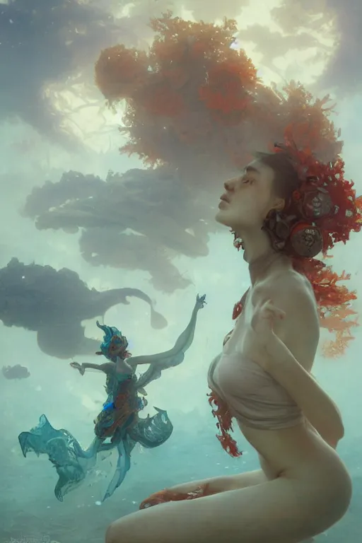 Prompt: a beautiful girl surounded by coral reef and fractal, 3 d render, hyper realistic detailed, ruan jia, wlop. scifi, fantasy, hyper detailed, octane render, concept art, by peter mohrbacher, by alphonse mucha, by wlop, by ruan jia