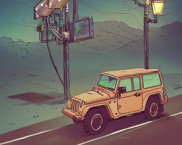 Image similar to a study of cell shaded cartoon frog driving a jeep on a desert road, street lamps, road, illustration, wide shot, subtle colors, post grunge, concept art by josan gonzales and wlop, by james jean, victo ngai, highly detailed, sharp focus, trending on artstation, hq, deviantart, art by artgem