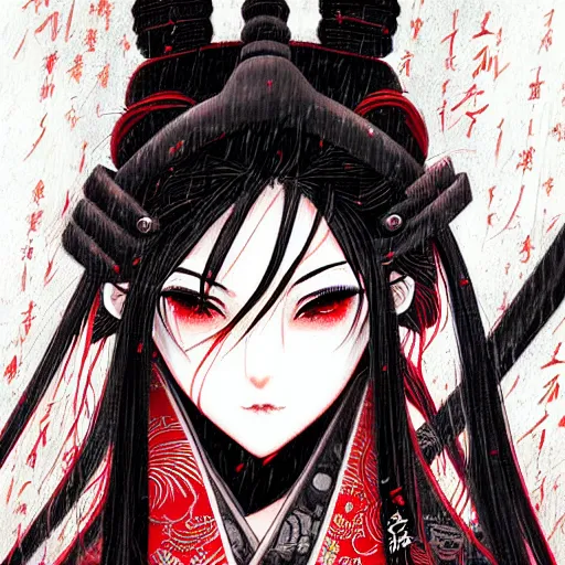 Image similar to beautiful seductive female samurai, in the rain, highly detailed, painting, dark red and black color palette, intricate, high quality, anime artstyle, in the style of sana takeda