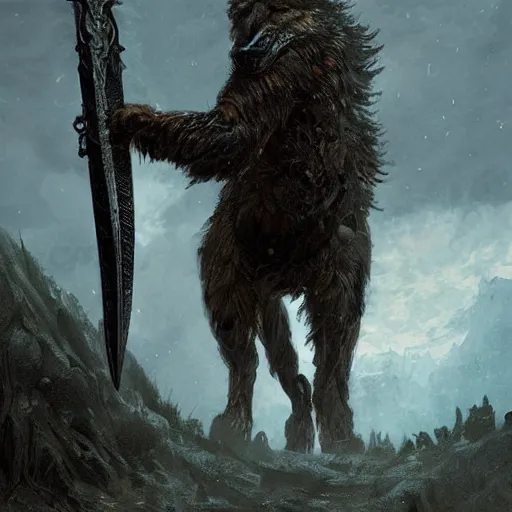 Image similar to Giant wolf holding a large sword in its mouth, hd, intricate, Greg Rutkowski, Elden Ring, 8k, digital art