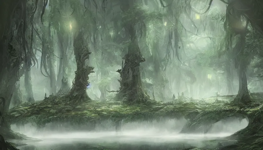 Prompt: sword stuck in a pond island, rainy enchanted forest of the ancients, moody high exposure, digital painting, concept art, photoshop speedpaint, by lihangw