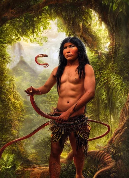 Prompt: a young indigenous amazon man facing a threatening snake, matte painting, ayahuasca, fantasy art