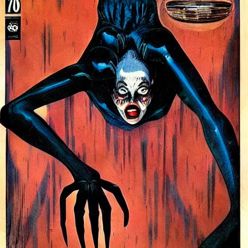 Prompt: portrait of a extremely frightened beautiful spider girl vintage comic book cover, by enki bilal, 1 9 6 8, dramatic, noir, creepy, surreal, weird, incredible, photo real 7 0 4