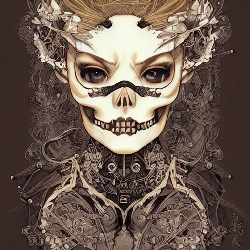 Prompt: anime manga skull portrait young beautiful Marie Avgeropoulos skeleton, intricate, elegant, highly detailed, digital art, ffffound, art by JC Leyendecker and sachin teng