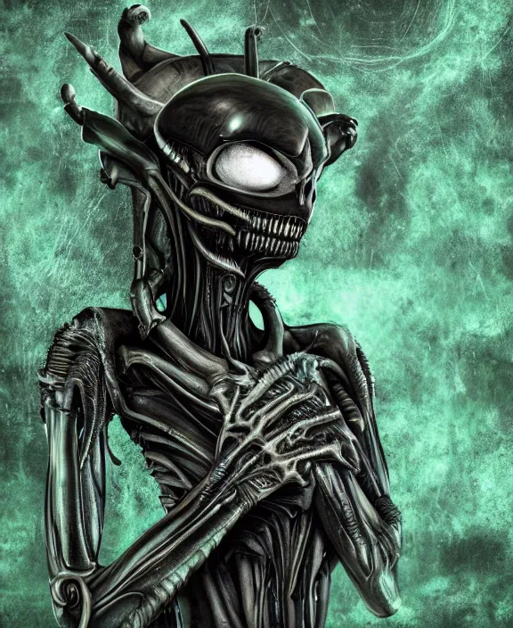 Prompt: xenomorph borg queen goth supermodel skull eyes hybrid, dragon eggs, dark emerald mist colors, giger background liminal void, cinematic lighting, realistic, award winning photograph, various refining methods, micro macro autofocus