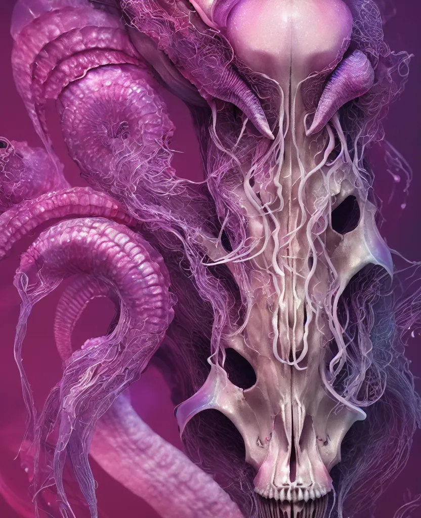 Image similar to goddess close-up portrait goat skull. jellyfish phoenix head, nautilus, orchid, skull, betta fish, bioluminiscent creatures, intricate artwork by Tooth Wu and wlop and beeple. octane render, trending on artstation, greg rutkowski very coherent symmetrical artwork. cinematic, hyper realism, high detail, octane render, 8k