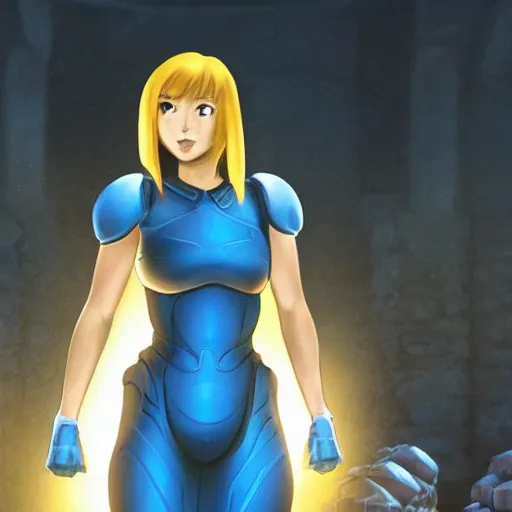 Prompt: A still of Samus Aran from Metroid in Game of Thrones (2011), wearing a light-blue dress, photorealistic