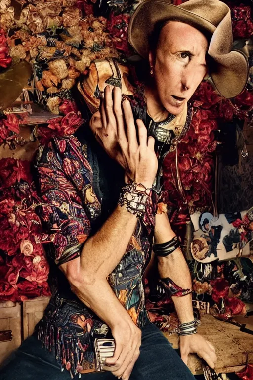 Image similar to dolce & gabbana campaign featuring maynard james keenan as a cowboy, unprocessed colors, # nofilter, shot by annie leibovitz, realistic vfx simulation