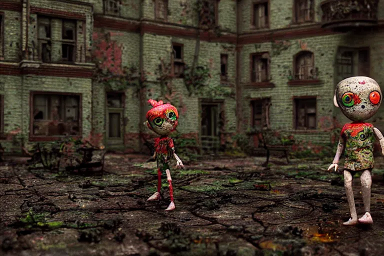 Image similar to Broken ugly toy doll with glowing eyes lying on old courtyard with mud and an old playground between two soviet five-storey overgrown with ivy panel houses, high details, cinematic, 8k resolution, beautiful detailed, insanely intricate details, artstation trending, rule of third, octane render, unreal engine