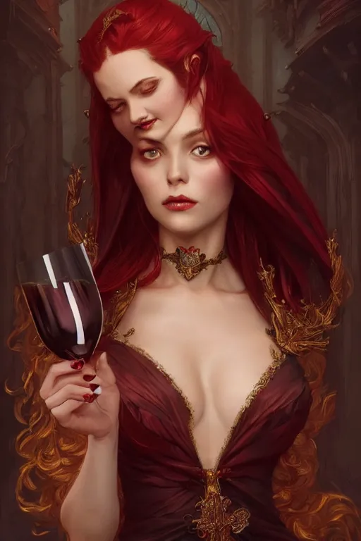 Image similar to Beautiful vampire female princess holding wine, Full body shot, D&D, fantasy, intricate, elegant, highly detailed, digital painting, artstation, concept art, matte, sharp focus, illustration, hearthstone, art by Artgerm and Greg Rutkowski and Alphonse Mucha