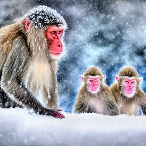 Prompt: snow monkeys at the mountain spa, muted color (blues, reds), steam, snow flurries, breath condensation, caring, family, digital, intelligent, smart, inquisitive, adorable, handsome, art by Steve Henderson