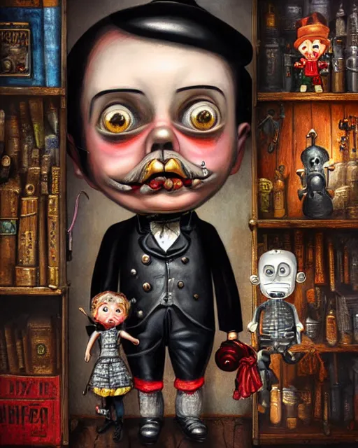 Image similar to highly detailed closeup, portrait of a tin toy jack the ripper in tin toy victorian london streets, hyper realistic, artstation, illustration, nicoletta ceccoli, mark ryden, lostfish, dan decarlo, bob clampett, max fleischer, digital paint, matte paint, vivid colors, detailed and intricate environment