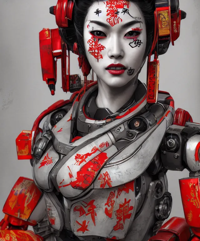 Image similar to an epic fantastic realism comic book style portrait painting of a japanese robotic geisha with kanji tattoos and decals, apex legends, octane render, intricate detail, 4 k hd, unreal engine 5