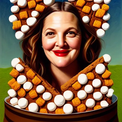 Image similar to drew barrymore in a smore, chocolate, marshmallow graham cracker, digital painting by arcimboldo, rhads