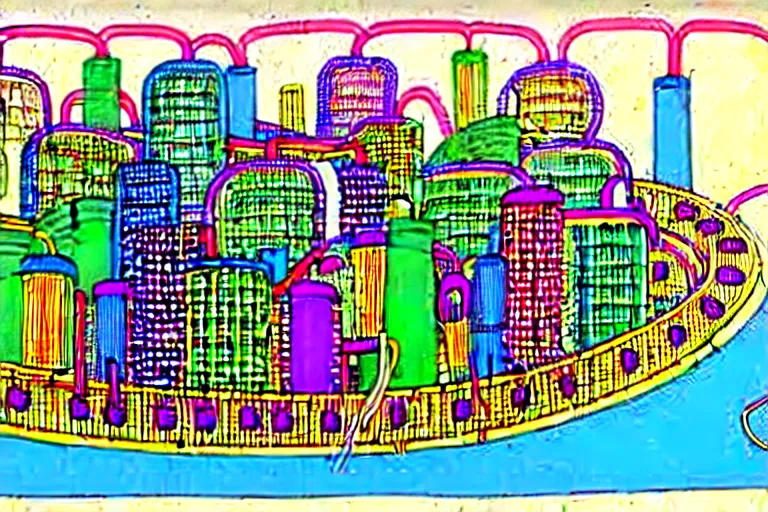 Prompt: an elaborate penned child illustration of a colorful intricate connected city of tubes and pipes, by martin handford and by jan van haasteren