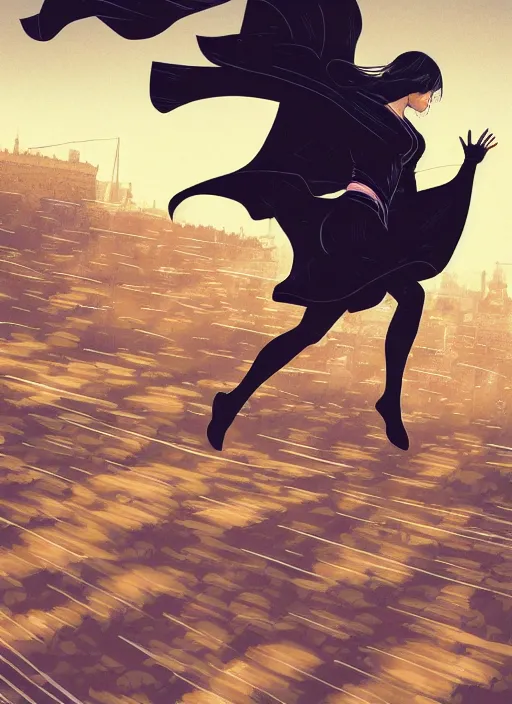 Prompt: illustration of a woman flying through the air, leaving a trail of strips of cloth, black hair wearing black clothes and cape made of long strips of fabric, medieval town landscape, trending on artstation, by dan mumford, yusuke murata, makoto shinkai, ross tran, josan gonzalez, cel shaded, flat colors