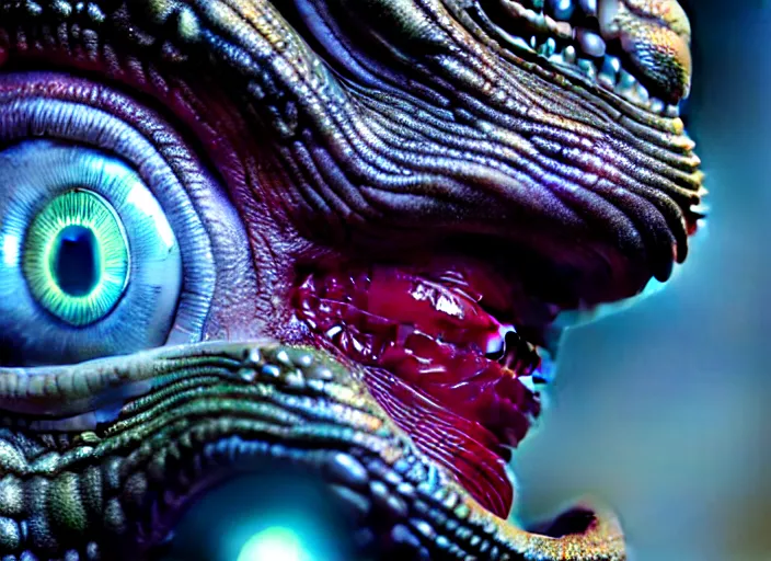 Image similar to hyperrealism, detailed textures, photorealistic 3 d render, an alien with crimsom coloured eyes in a super star system from 5 million years ago, sharp focus, ultra realistic, ultra high pixel detail, cinematic, intricate, cinematic light, concept art, illustration, art station, unreal engine 8 k