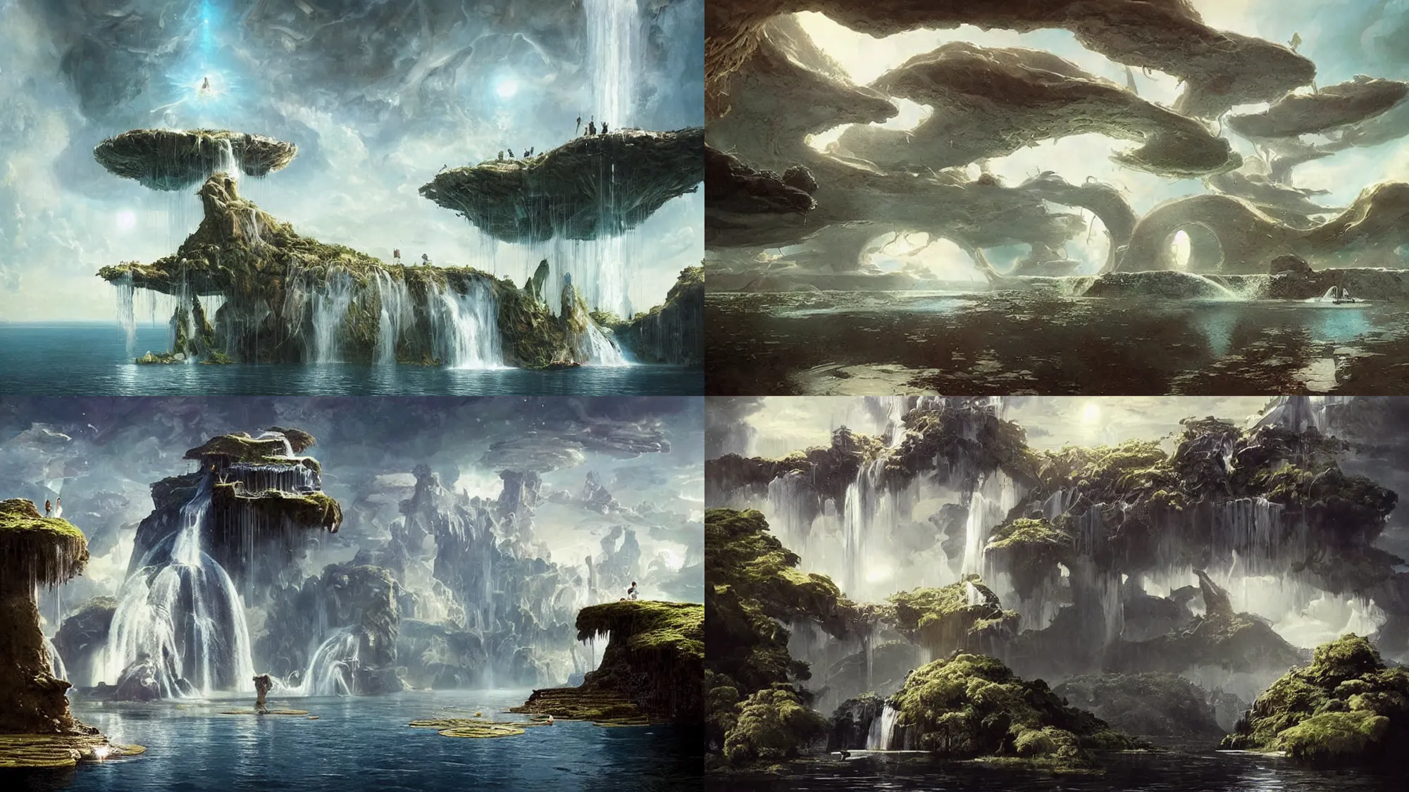 Prompt: floating islands of water with waterfalls connecting each other, whimsical surrealism, dream recording, deep - space imaging, fantastical setting, art by salvador dali, by greg rutkowski
