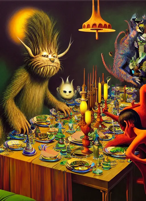 Image similar to hyper detailed 3d render, Oil painting, a decadent fairy dinner party - where the wild things are by Jacek Yerka, Mariusz Lewandowski, Houdini algorithmic generative render, Abstract brush strokes, Masterpiece, Edward Hopper and James Gilleard, Zdzislaw Beksinski, Mark Ryden, Wolfgang Lettl, hints of Yayoi Kasuma, octane render, 8k