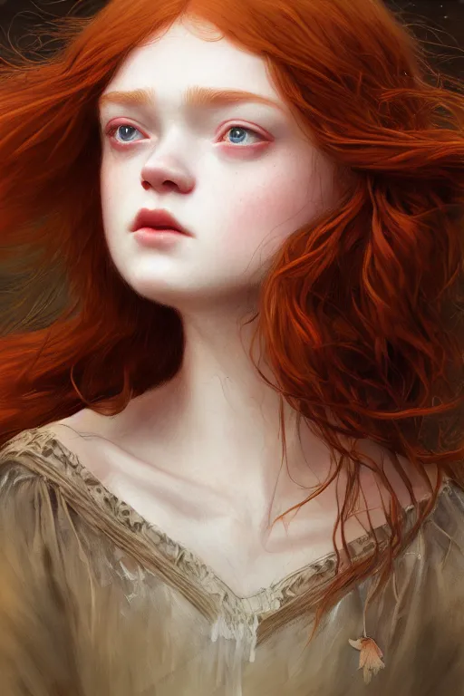 Image similar to sadie sink goddess of the autumn twilight, highly detailed, digital painting, artstation, concept art, smooth, sharp focus, illustration, unreal engine 5, 8 k, art by artgerm and greg rutkowski and edgar maxence