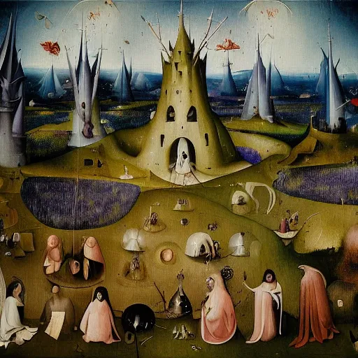 Image similar to ethereal, multi-dimensional landscape, lavender, detailed painting by Hieronymus Bosch