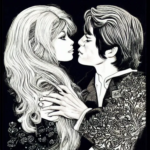 Image similar to 1 9 6 0 s drawing symmetrical pretty elegant brigitte bardot as a vampire kissing alain delon, very detailed intricate!!! intaglio, style of ( takato yamamoto )!!!, moon and stars and flowers tree