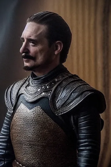 Image similar to “ very very intricate photorealistic photo of a realistic human version of super mario in an episode of game of thrones, photo is in focus with detailed atmospheric lighting, award - winning details ”