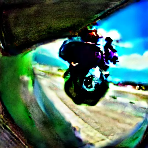 Image similar to award winning color photo of, Tony Hawk, skateboarding, doing a 900, in the 1986 vert contest, fisheye lens, detailed faces, detailed skateboard, 8k, balanced composition